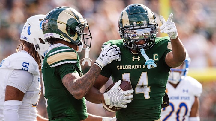 Colorado State's Tory Horton celebrates a first down during a home game against San Jose State at Canvas Stadium on Saturday, Oct. 12, 2024 in Fort Collins, Colo.