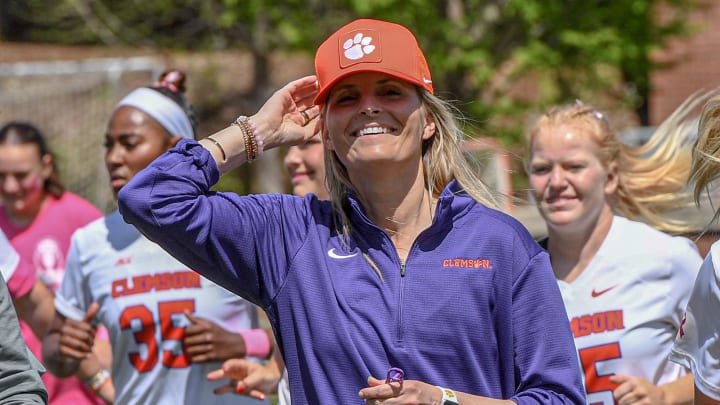April 1, 2023, Clemson, South Carolina, USA; Clemson Tigers head coach Allison Kwolek before the Pink Game on Senior Day against the Louisville Cardinals at Riggs Field. April 1, 2023, Clemson, South Carolina, USA; Clemson Tigers head coach Allison Kwolek before the Pink Game on Senior Day against the Louisville Cardinals at Riggs Field.
