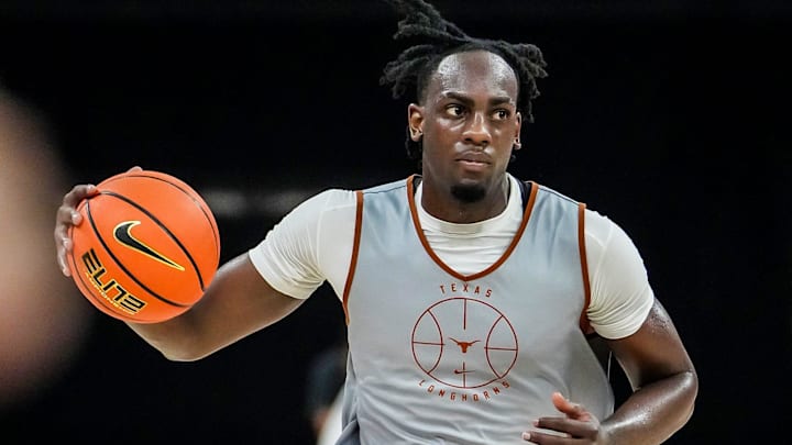 Arthur Kaluma drives the ball to the basket during a practice session that was held at the Moody Center for the local media. Sports writers got their first glimpse of the 2024-25 team at this event.