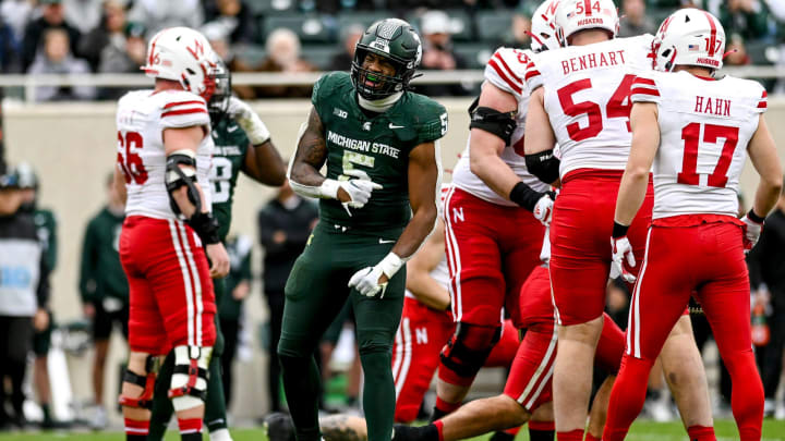 Michigan State's Jordan Hall celebrates after a defensive stop against Nebraska during the third quarter on Saturday, Nov. 4, 2023, at Spartan Stadium in East Lansing. Michigan State's Jordan Hall celebrates after a defensive stop against Nebraska during the third quarter on Saturday, Nov. 4, 2023, at Spartan Stadium in East Lansing.