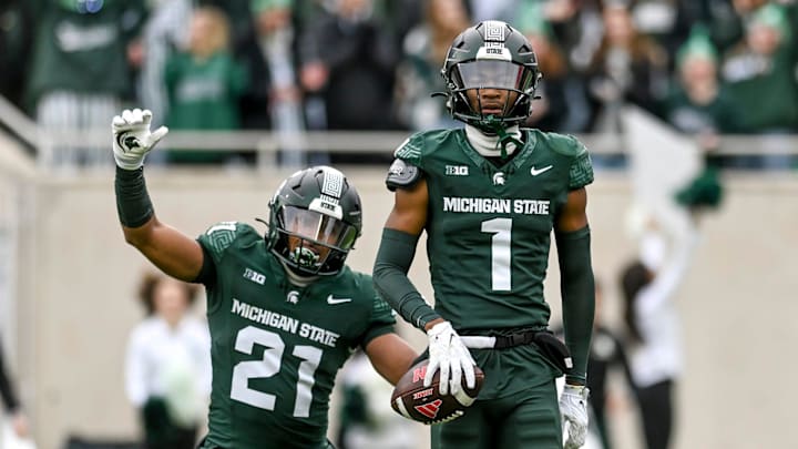 Michigan State's Jaden Mangham, right, celebrates with Dillon Tatum after intercepting a Nebraska pass during the first quarter on Saturday, Nov. 4, 2023, at Spartan Stadium in East Lansing. Michigan State's Jaden Mangham, right, celebrates with Dillon Tatum after intercepting a Nebraska pass during the first quarter on Saturday, Nov. 4, 2023, at Spartan Stadium in East Lansing.