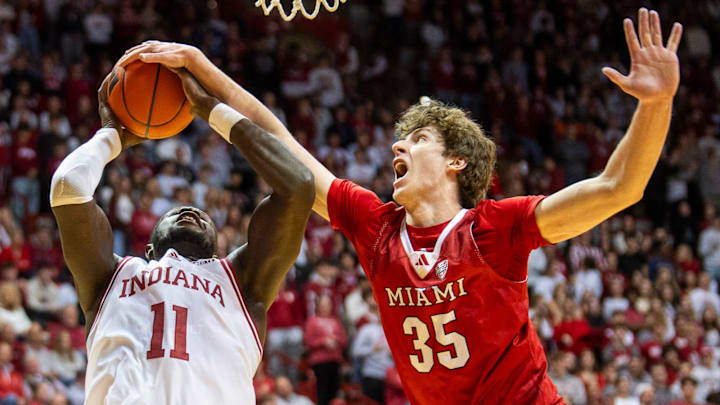Indiana's Oumar Ballo (11) is fouled by Miami's Reece Potter (35) during the Indiana versus Miami (Ohio) men's basketball game at Simon Skjodt Asseembly Hall on Friday, Dec. 6, 2024. Indiana's Oumar Ballo (11) is fouled by Miami's Reece Potter (35) during the Indiana versus Miami (Ohio) men's basketball game at Simon Skjodt Asseembly Hall on Friday, Dec. 6, 2024.