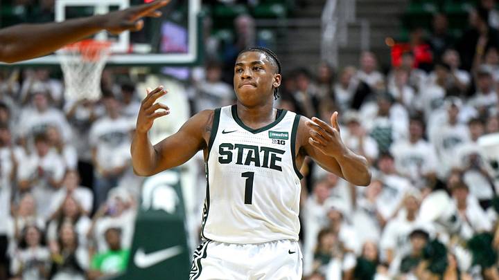 Michigan State’s Jeremy Fears Jr. celebrates his score against Incarnate Word during the first half on Friday, Oct. 2, 2026, at the Breslin Center in East Lansing.