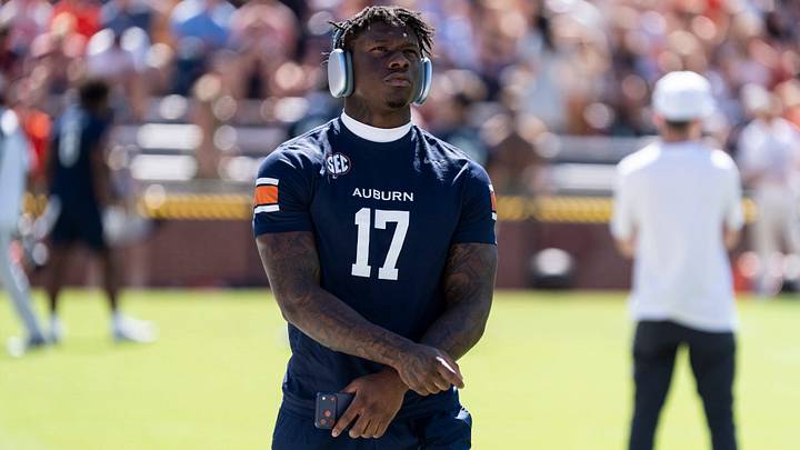Auburn Tigers linebacker Xavier Atkins (17) walks the field during warm ups before Auburn Tigers take on Vanderbilt Commodores at Jordan-Hare Stadium in Auburn, Ala. on Saturday, Sept. 26, 2026.