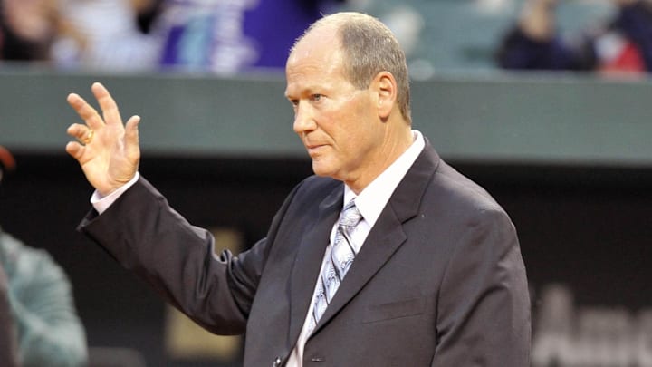 August 25, 2012; Baltimore, MD, USA; Baltimore Orioles former second baseman Rich Dauer is introduced to the crowd before being inducted into the Orioles Hall of Fame prior to a game against the Toronto Blue Jays at Oriole Park at Camden Yards