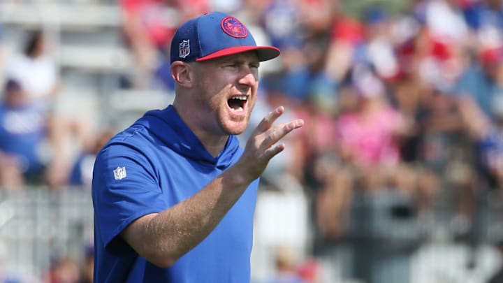 Bills offensive coordinator Joe Brady calls out during drills on the opening day of Buffalo Bills training camp at St. John Fisher University in Pittsford Wednesday, July 24, 2024.