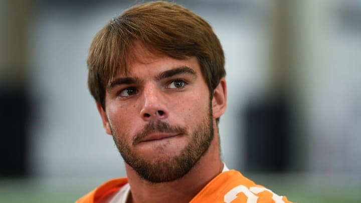 University of Tennessee LB Jeremiah Telander (22) speaks to the press on media day at the campus in Knoxville, Tuesday, July 30, 2024.
