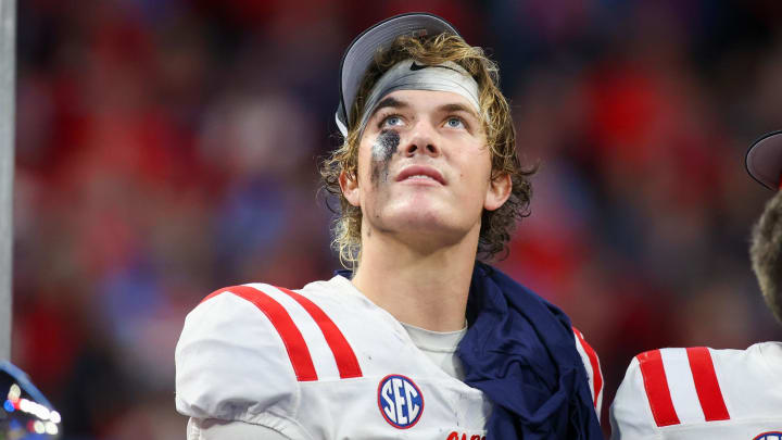 Dec 30, 2023; Atlanta, GA, USA; Mississippi Rebels quarterback Jaxson Dart (2) celebrates after a victory against the Penn State Nittany Lions in the Peach Bowl at Mercedes-Benz Stadium. Mandatory Credit: Brett Davis-USA TODAY Sports
