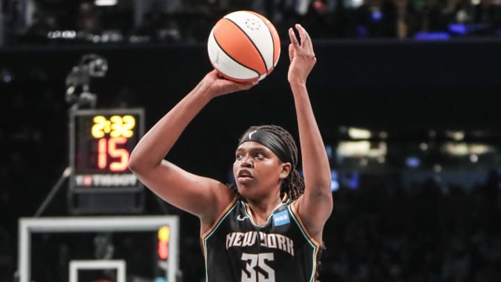 Oct 15, 2023; Brooklyn, New York, USA; New York Liberty forward Jonquel Jones (35) takes a three point shot against the Las Vegas Aces in the third quarter during game three of the 2023 WNBA Finals at Barclays Center. Mandatory Credit: Wendell Cruz-USA TODAY Sports