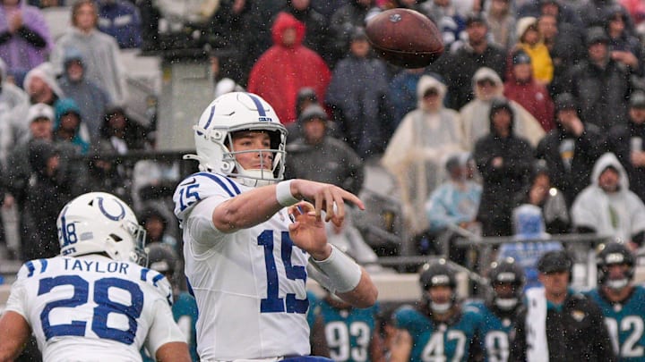 Indianapolis Colts quarterback Riley Leonard (15) passes in the second quarter during an NFL football game at EverBank Stadium, Sunday, Dec. 7, 2025, in Jacksonville, Fla. [Doug Engle/Florida Times-Union]