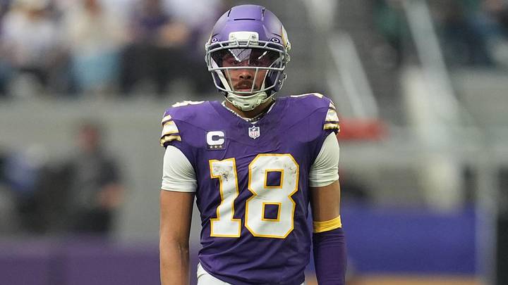 Jan 4, 2026; Minneapolis, Minnesota, USA; Minnesota Vikings wide receiver Justin Jefferson (18) looks on against the Green Bay Packers during the third quarter at U.S. Bank Stadium.