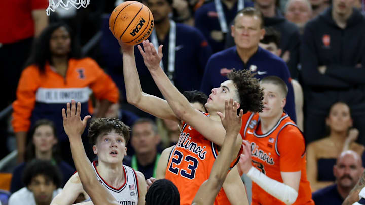 Apr 4, 2026; Indianapolis, IN, USA; Illinois Fighting Illini guard Keaton Wagler (23) goes to the basket against UConn Huskies guard Silas Demary Jr. (2) in the second half during a semifinal of the Final Four of the men's 2026 NCAA Tournament at Lucas Oil Stadium. Mandatory Credit: Trevor Ruszkowski-Imagn Images Apr 4, 2026; Indianapolis, IN, USA; Illinois Fighting Illini guard Keaton Wagler (23) goes to the basket against UConn Huskies guard Silas Demary Jr. (2) in the second half during a semifinal of the Final Four of the men's 2026 NCAA Tournament at Lucas Oil Stadium. Mandatory Credit: Trevor Ruszkowski-Imagn Images