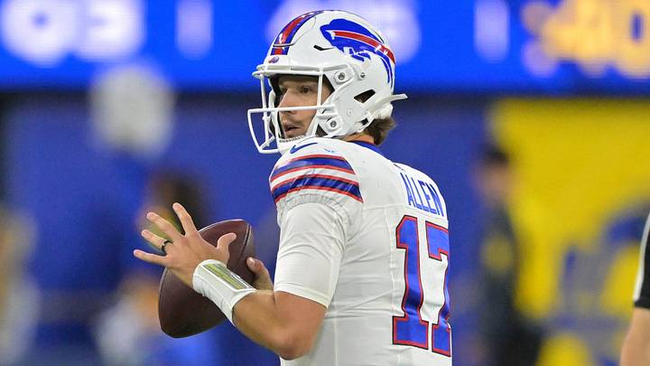 Buffalo Bills quarterback Josh Allen (17) sets to pass against the Los Angeles Rams at SoFi Stadium. Buffalo Bills quarterback Josh Allen (17) sets to pass against the Los Angeles Rams at SoFi Stadium.