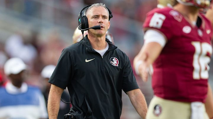 Florida State Seminoles head coach Mike Norvell watches on as his players come off the field. The Florida State Seminoles defeated the Virginia Tech Hokies 39-17 at Doak Campbell Stadium on Saturday, Oct. 7, 2023.