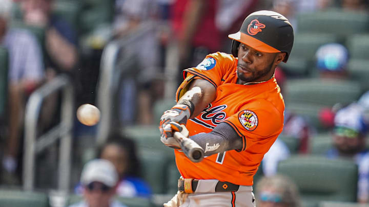 Baltimore Orioles center fielder Cedric Mullins (31) hits a double against the Atlanta Braves during the seventh inning at Truist Park. 