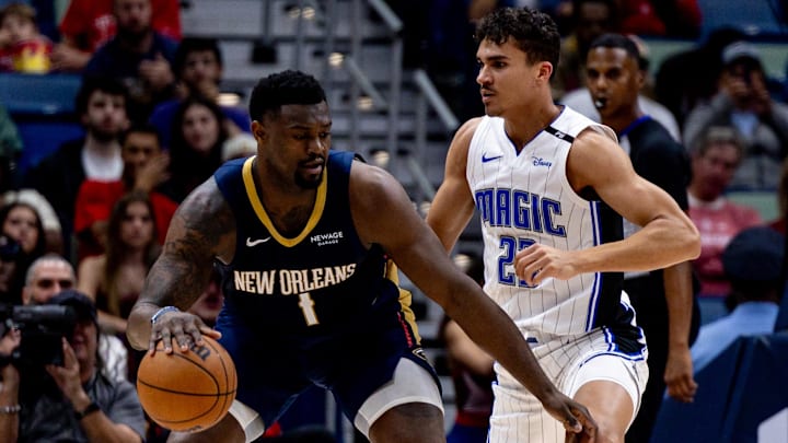 Mar 13, 2025; New Orleans, Louisiana, USA; New Orleans Pelicans forward Zion Williamson (1) dribbles against Orlando Magic forward Tristan da Silva (23) during the first half at Smoothie King Center. Mandatory Credit: Stephen Lew-Imagn Images Mar 13, 2025; New Orleans, Louisiana, USA; New Orleans Pelicans forward Zion Williamson (1) dribbles against Orlando Magic forward Tristan da Silva (23) during the first half at Smoothie King Center. Mandatory Credit: Stephen Lew-Imagn Images
