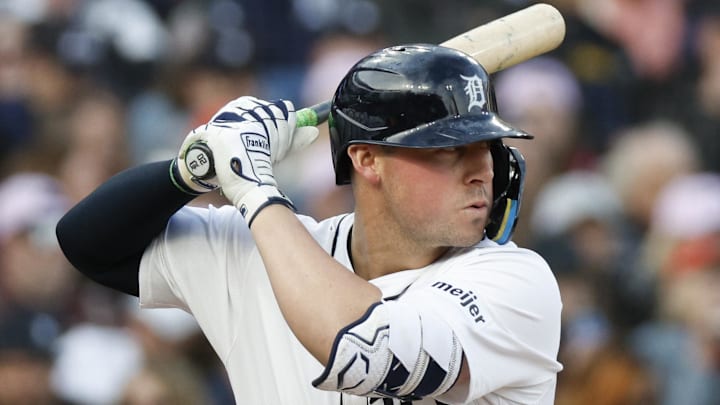 May 24, 2025; Detroit, Michigan, USA; Detroit Tigers first base Spencer Torkelson (20) looks on during an at bat in the first inning of the game against the Cleveland Guardians at Comerica Park.