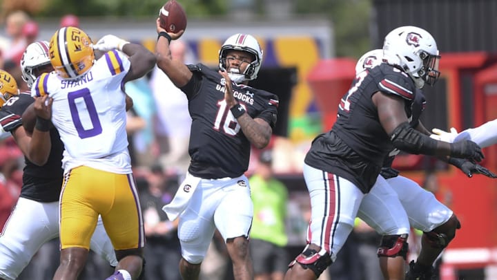 South Carolina quarterback LaNorris Sellers (16) passes near Louisiana State University defensive end Paris Shand (0) during the first quarter at Williams-Brice Stadium in Columbia, S.C. Saturday, September 14, 2024. South Carolina quarterback LaNorris Sellers (16) passes near Louisiana State University defensive end Paris Shand (0) during the first quarter at Williams-Brice Stadium in Columbia, S.C. Saturday, September 14, 2024.