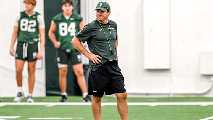 Michigan State's head coach Jonathan Smith looks on during camp on Monday, Aug. 5, 2024, at the indoor practice facility in East Lansing. Michigan State's head coach Jonathan Smith looks on during camp on Monday, Aug. 5, 2024, at the indoor practice facility in East Lansing.