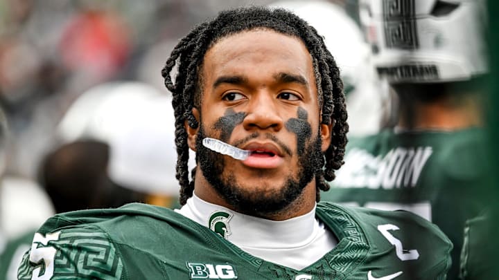 Michigan State's Jordan Hall looks on from the sideline during the first quarter in the game against UCLA on Saturday, Oct. 11, 2025, at Spartan Stadium in East Lansing.