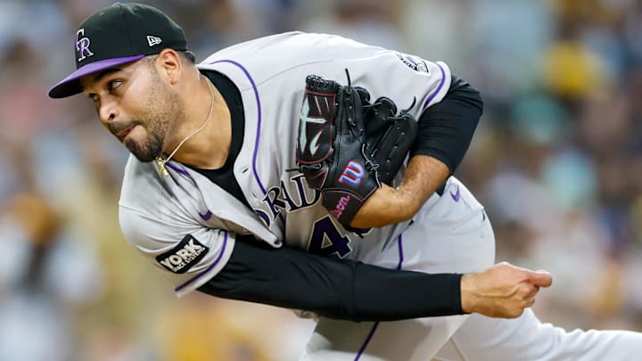 Colorado Rockies starting pitcher Antonio Senzatela (49) throws a pitch during the fourth inning against the San Diego Padres at Petco Park.