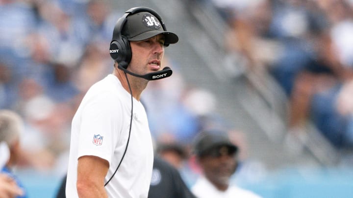 Sep 21, 2025; Nashville, Tennessee, USA;  Indianapolis Colts head coach Shane Steichen paces the sidelines against the Tennessee Titans during the first half at Nissan Stadium. 