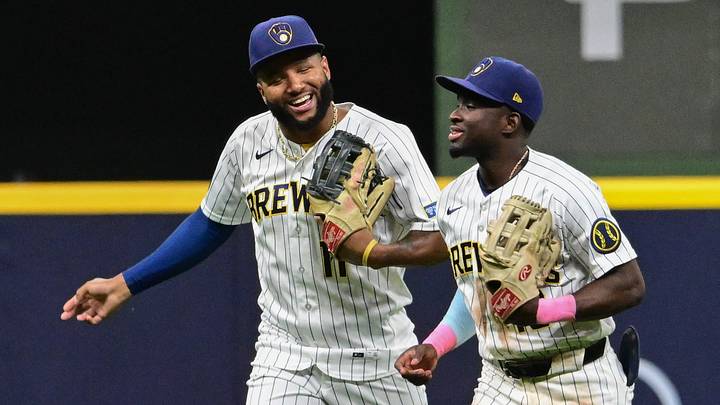 Aug 29, 2026; Milwaukee, Wisconsin, USA; Milwaukee Brewers left fielder Jackson Chourio (11) and right fielder Luis Lara (18) celebrate after beating the Texas Rangers at American Family Field. Mandatory Credit: Benny Sieu-Imagn Images Aug 29, 2026; Milwaukee, Wisconsin, USA; Milwaukee Brewers left fielder Jackson Chourio (11) and right fielder Luis Lara (18) celebrate after beating the Texas Rangers at American Family Field. Mandatory Credit: Benny Sieu-Imagn Images