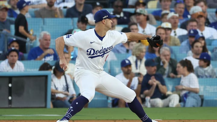 Oct 6, 2024; Los Angeles, California, USA;  Los Angeles Dodgers pitcher Jack Flaherty (0) pitches against the San Diego Padres in the fourth inning during game two of the NLDS for the 2024 MLB Playoffs at Dodger Stadium.