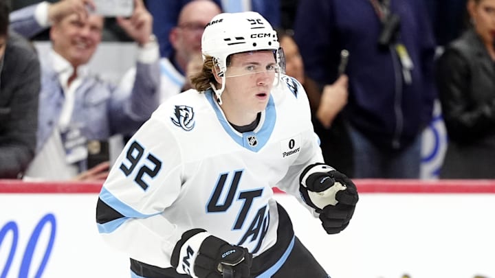 Oct 9, 2025; Denver, Colorado, USA; Utah Mammoth center Logan Cooley (92) before the game against the against the Colorado Avalanche at Ball Arena. Mandatory Credit: Ron Chenoy-Imagn Images Oct 9, 2025; Denver, Colorado, USA; Utah Mammoth center Logan Cooley (92) before the game against the against the Colorado Avalanche at Ball Arena. Mandatory Credit: Ron Chenoy-Imagn Images