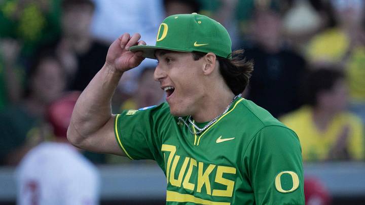 Oregon pitcher Will Sanford celebrates a strikeout against Washington State during the first inning of day two of the NCAA Eugene Regional Tournament at PK Park n Eugene May 30, 2026.