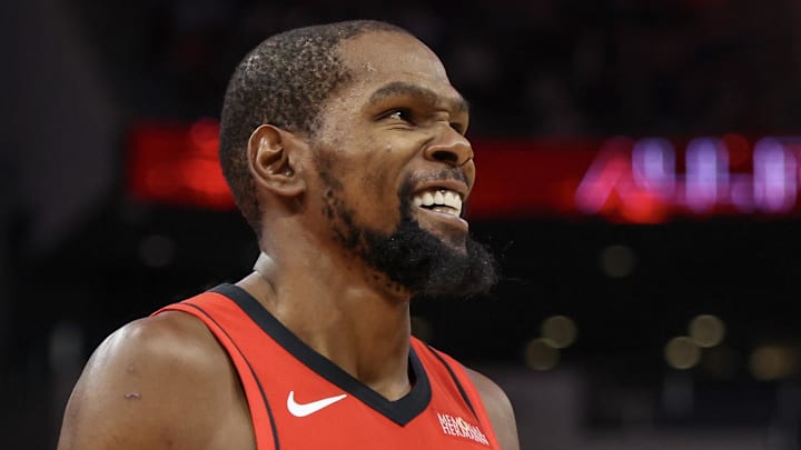 Nov 3, 2025; Houston, Texas, USA; Houston Rockets forward Kevin Durant (7) reacts in the second quarter against the Dallas Mavericks at Toyota Center. Mandatory Credit: Thomas Shea-Imagn Images Nov 3, 2025; Houston, Texas, USA; Houston Rockets forward Kevin Durant (7) reacts in the second quarter against the Dallas Mavericks at Toyota Center. Mandatory Credit: Thomas Shea-Imagn Images