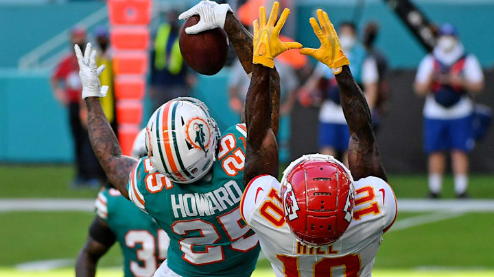 Miami Dolphins cornerback Xavien Howard (25) makes a one handed catch to intercept a pass intended for Kansas City Chiefs wide receiver Tyreek Hill (10) during the second half at Hard Rock Stadium in 2020.