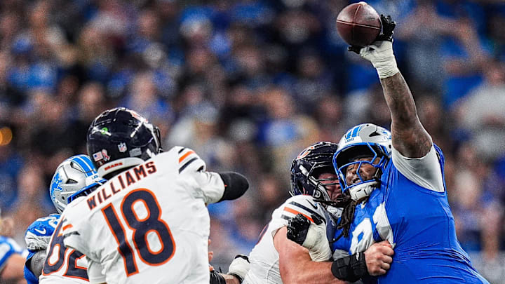 Detroit's Tyleik Williams blocks a pass from Bears quarterback Caleb Williams at Ford Field Sunday. Detroit's Tyleik Williams blocks a pass from Bears quarterback Caleb Williams at Ford Field Sunday.