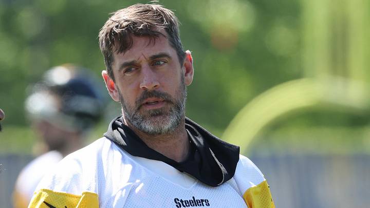 May 28, 2026; Pittsburgh, PA, USA;  Pittsburgh Steelers quarterback Aaron Rodgers (8) participates in OTA  drills at the UPMC Rooney Sports Complex. Mandatory Credit: Charles LeClaire-Imagn Images