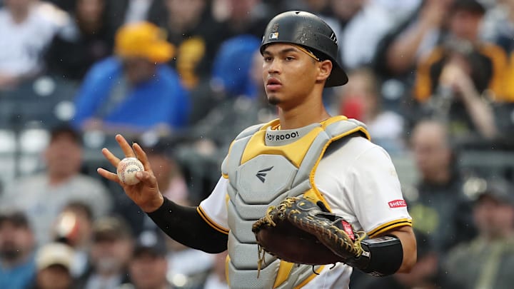 Pittsburgh Pirates catcher Endy Rodriguez (5) asks for time-out against the New York Yankees during the fifth inning at PNC Park. 