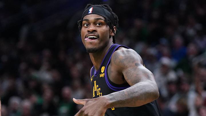Feb 1, 2024; Boston, Massachusetts, USA; Los Angeles Lakers forward Jarred Vanderbilt (2) reacts after his three point basket against the Boston Celtics in the second quarter at TD Garden. Mandatory Credit: David Butler II-USA TODAY Sports