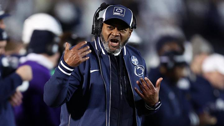 Nov 22, 2025; University Park, Pennsylvania, USA; Penn State Nittany Lions interim head coach Terry Smith reacts from the sideline during the second quarter against the Nebraska Cornhuskers at Beaver Stadium. Mandatory Credit: Matthew O'Haren-Imagn Images