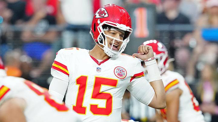 Oct 27, 2024; Paradise, Nevada, USA; Kansas City Chiefs quarterback Patrick Mahomes (15) talks to Kansas City Chiefs wide receiver Xavier Worthy (1) before snapping the ball against the Las Vegas Raiders during the third quarter at Allegiant Stadium. Mandatory Credit: Stephen R. Sylvanie-Imagn Images