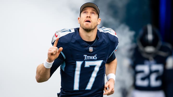 Jan 7, 2024; Nashville, Tennessee, USA;  Tennessee Titans quarterback Ryan Tannehill (17) takes the field during the first half against the Jacksonville Jaguarsat Nissan Stadium. Mandatory Credit: Steve Roberts-Imagn Images