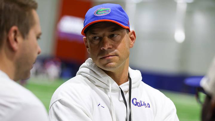 Florida head coach Jon Sumrall talks on the sideline during spring practice at Sanders Practice Fields in Gainesville, FL on Tuesday, April 7, 2026. [Alan Youngblood/Gainesville Sun]