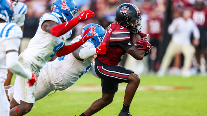 Oct 5, 2024; Columbia, South Carolina, USA; South Carolina Gamecocks wide receiver Mazeo Bennett Jr. (3) runs after a catch against the Mississippi Rebels in the second half at Williams-Brice Stadium. Mandatory Credit: Jeff Blake-Imagn Images Oct 5, 2024; Columbia, South Carolina, USA; South Carolina Gamecocks wide receiver Mazeo Bennett Jr. (3) runs after a catch against the Mississippi Rebels in the second half at Williams-Brice Stadium. Mandatory Credit: Jeff Blake-Imagn Images