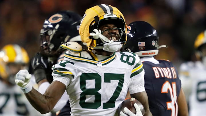 Green Bay Packers wide receiver Romeo Doubs (87) celebrates a first down reception against the Chicago Bears in the fourth quarter during their wild-card playoff football game Saturday, January 10, 2026, at Soldier Field in Chicago, Illinois.