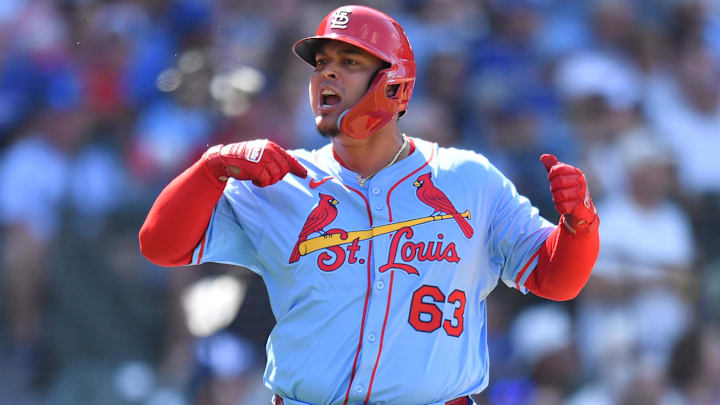 Jul 5, 2025; Chicago, Illinois, USA; St. Louis Cardinals pinch hitter Yohel Pozo (63) reacts after hitting a three-run home run during the eighth inning against the Chicago Cubs at Wrigley Field. Mandatory Credit: Patrick Gorski-Imagn Images