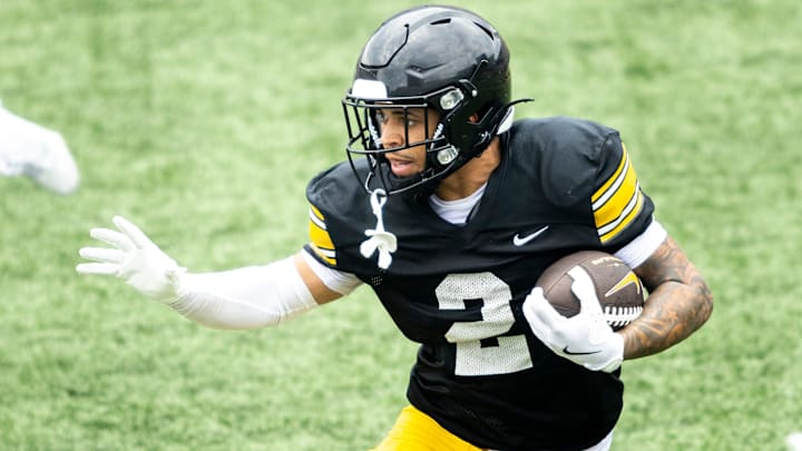 Aug 9, 2025; Iowa wide receiver Sam Phillips (2) rushes during the Hawkeyes Kids Day NCAA football open practice at Kinnick Stadium in Iowa City, Iowa. Mandatory Credit: Joseph Cress for the Des Moines Register