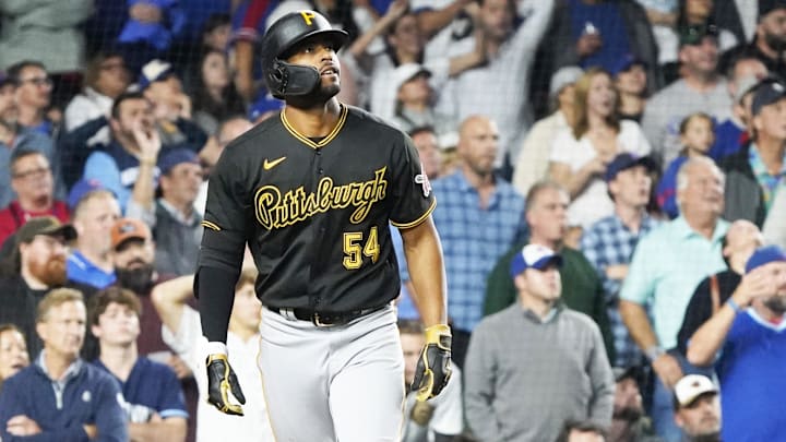 Sep 21, 2023; Chicago, Illinois, USA; Pittsburgh Pirates pinch-hitter Joshua Palacios (54) hits a