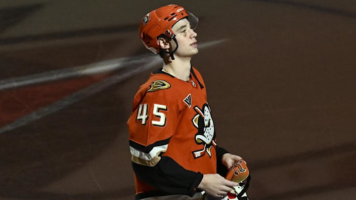 Dec 5, 2025; Anaheim, California, USA; Star of the Game Anaheim Ducks right wing Beckett Sennecke (45) is seen on the ice after a win over the Washington Capitals at Honda Center. Mandatory Credit: Griffin Hooper-Imagn Images Dec 5, 2025; Anaheim, California, USA; Star of the Game Anaheim Ducks right wing Beckett Sennecke (45) is seen on the ice after a win over the Washington Capitals at Honda Center. Mandatory Credit: Griffin Hooper-Imagn Images
