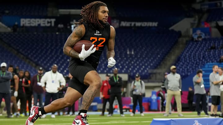 Mar 1, 2025; Indianapolis, IN, USA; Miami running back Damien Martinez (RB22) during the 2025 NFL Combine at Lucas Oil Stadium. Mar 1, 2025; Indianapolis, IN, USA; Miami running back Damien Martinez (RB22) during the 2025 NFL Combine at Lucas Oil Stadium.