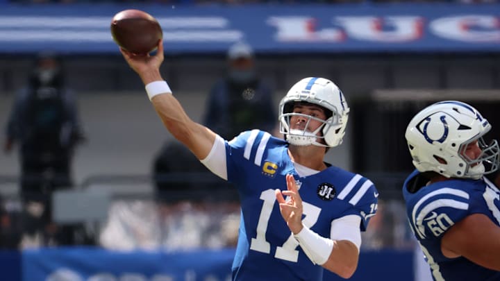 Indianapolis Colts quarterback Daniel Jones (17) throws during the first half against the Miami Dolphins at Lucas Oil Stadium. Indianapolis Colts quarterback Daniel Jones (17) throws during the first half against the Miami Dolphins at Lucas Oil Stadium.