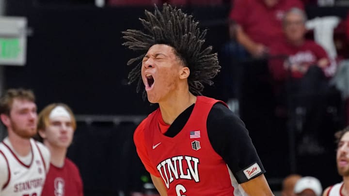 UNLV Runnin' Rebels forward Tyrin Jones (6) celebrates a basket against the Stanford Cardinal in the first half at Maples Pavilion. Mandatory Credit: David Gonzales-Imagn Images