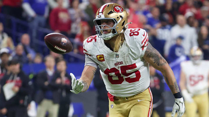 Dec 22, 2025; Indianapolis, Indiana, USA; San Francisco 49ers tight end George Kittle (85) reacts after a play against the Indianapolis Colts in the second quarter of the game at Lucas Oil Stadium. Mandatory Credit: Trevor Ruszkowski-Imagn Images